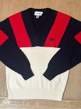 Vintage Adidas Originals Striped V-Neck Knit Jumper Sweater - Small